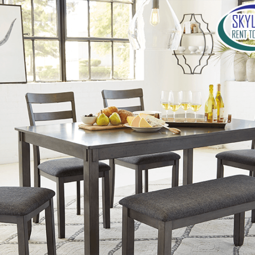 Skyline Rent to own gray 4 chair and bench dining table $799.99.jpg